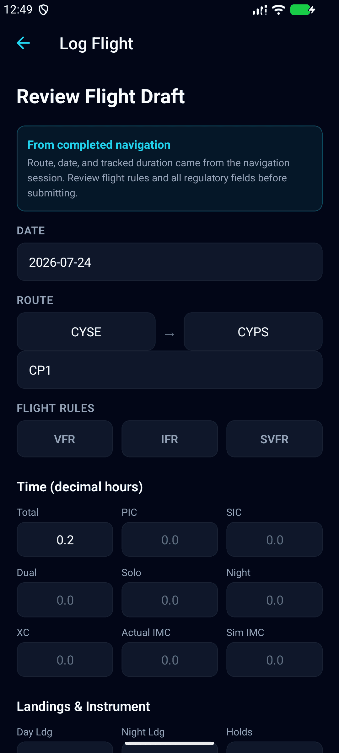 ClearProp Android beta showing a reviewable CYSE to CYPS logbook draft created from completed navigation
