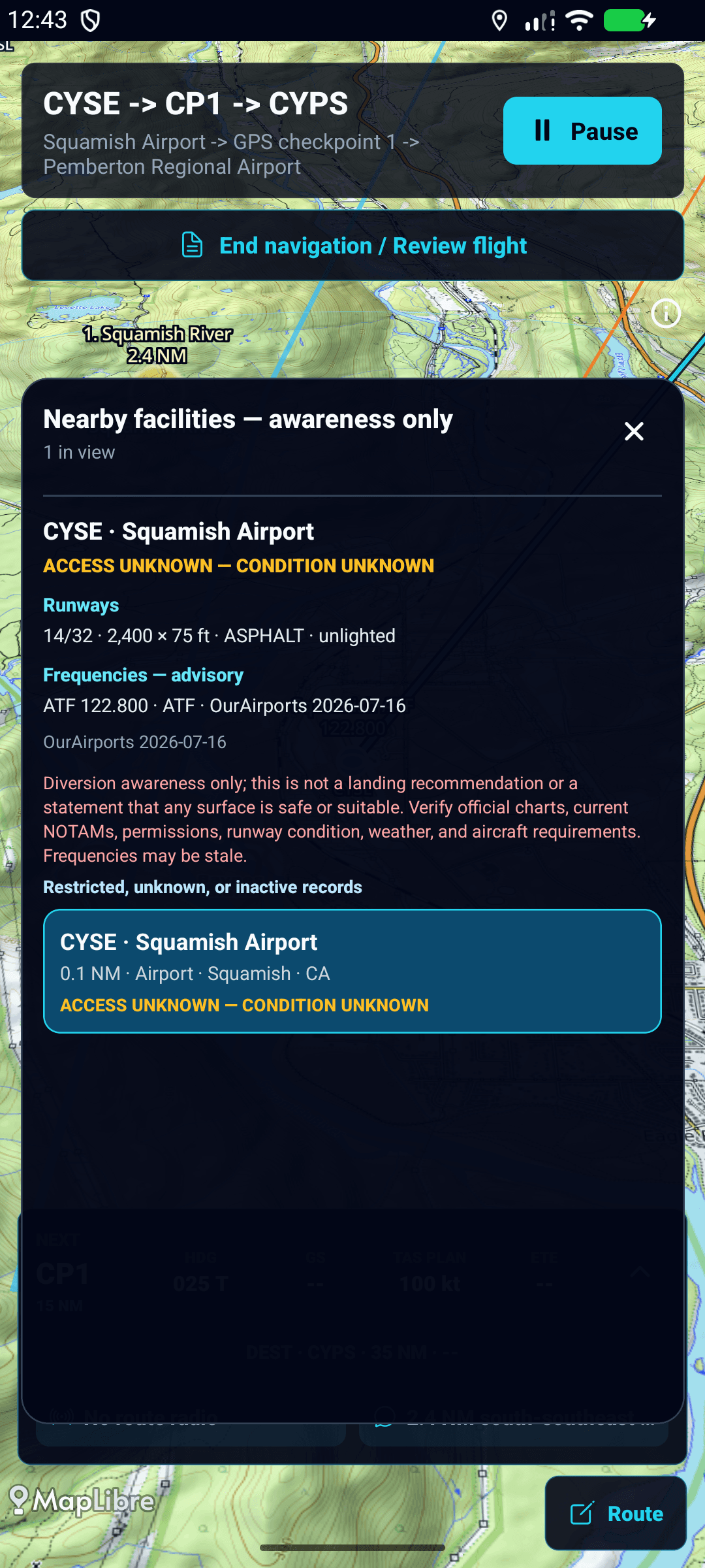ClearProp Android beta showing Squamish Airport as a nearby landing option with runway, frequency, source, and safety details
