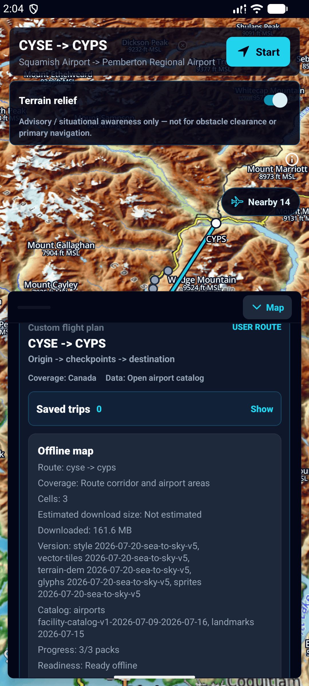 ClearProp Android beta showing a CYSE to CYPS route with all three offline map packs ready