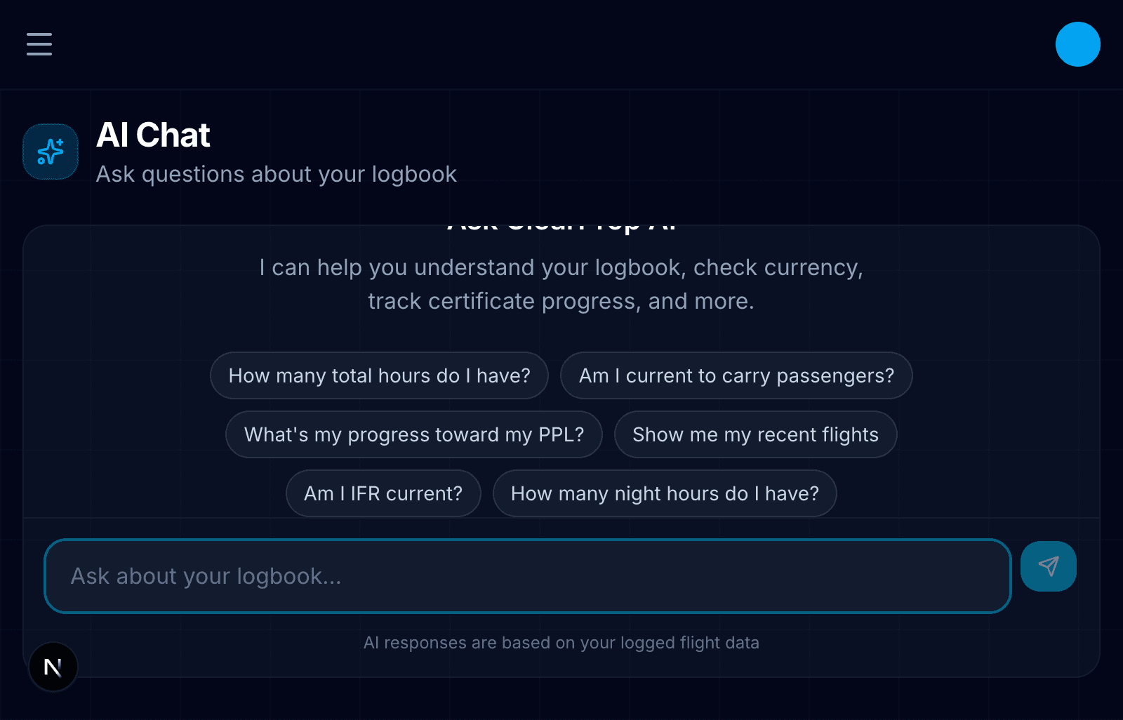 ClearProp AI Chat with suggested questions about logbook