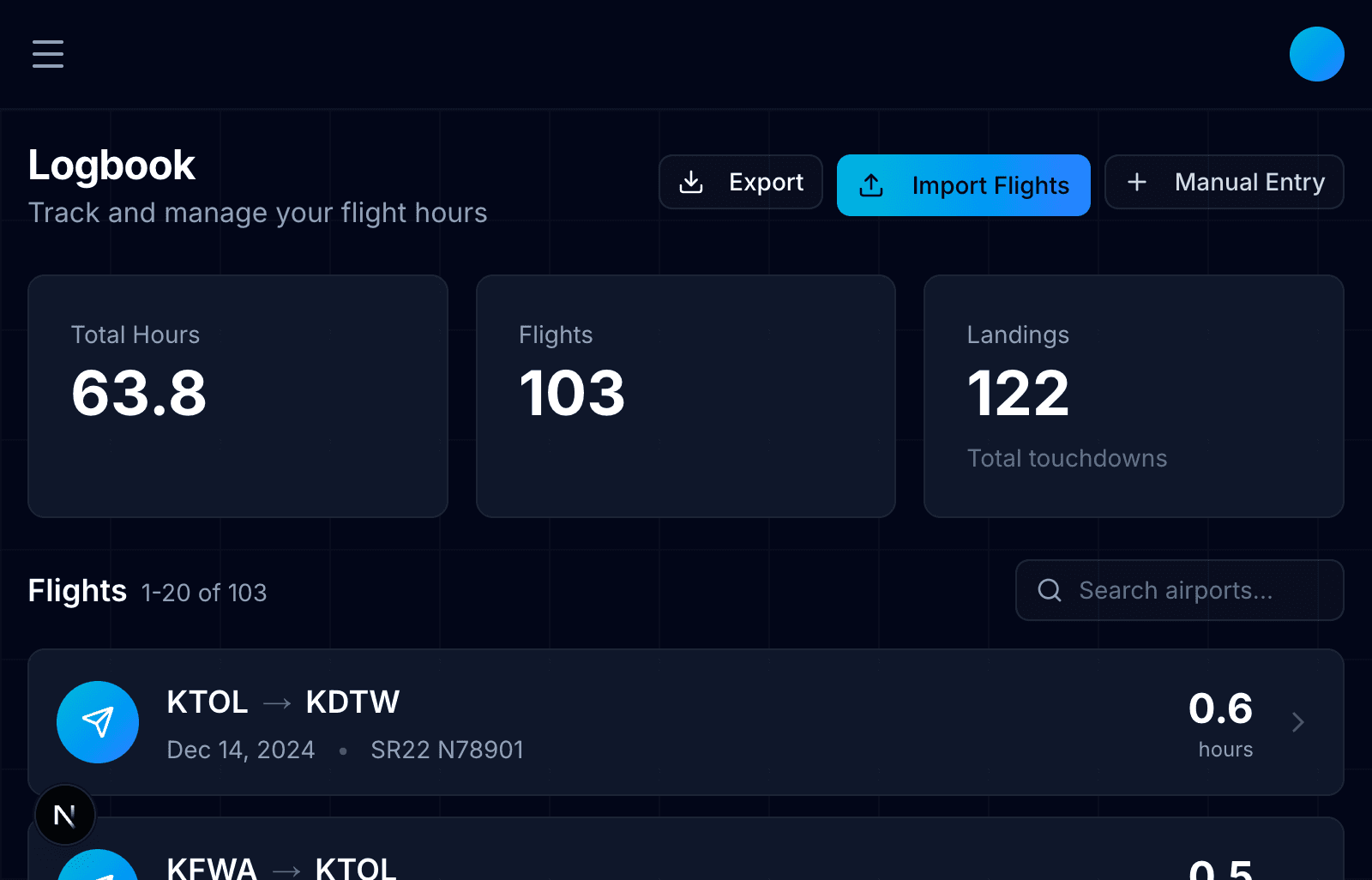 ClearProp digital logbook showing 63.8 total hours and 103 flights